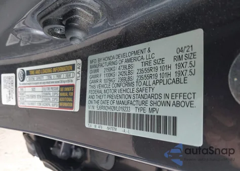 2021 Honda Cr-V Awd Touring z USA, uszkodzony, nr VIN 5J6RW2H92ML019233